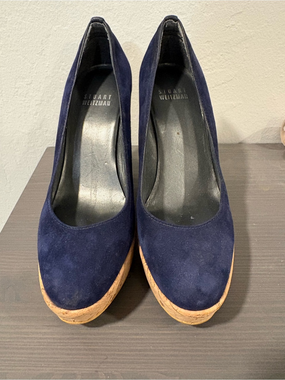 Stuart Weitzman Navy Suede Cork Wedge Pumps 4.5 with platform - Picture 3 of 5